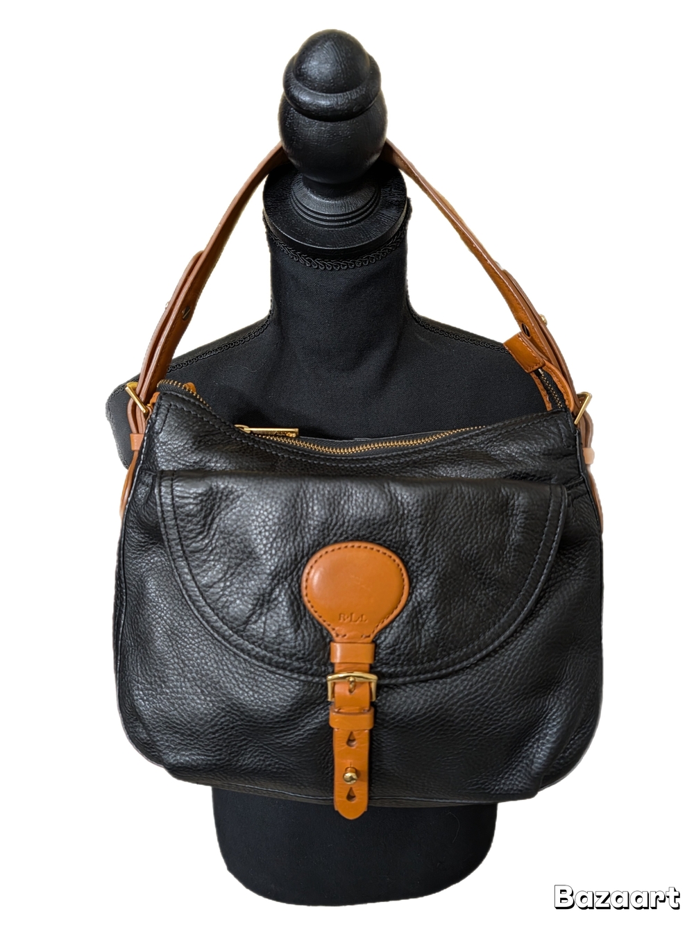 Lauren Ralph Lauren Black Leather Shoulder Bag with Tan Trim vintage